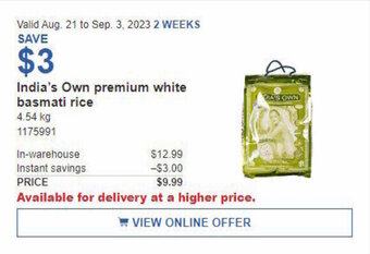 Costco India's Own premium white basmati rice 4,54 kg offer