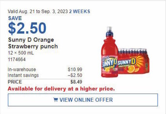 Costco Sunny D Orange Strawberry punch 12 x 500 mL offer