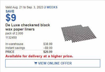 Costco De Luxe checkered black wax paper liners, pack of 2000 offer