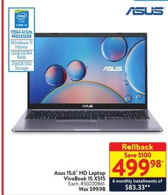 Walmart Asus 15.6 hd laptop vivobook 15 x515 offer