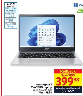 Walmart Acer aspire 3 15.6 fhd laptop offer