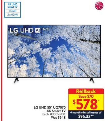 Walmart Lg uhd 55 uq7070 4k smart tv offer