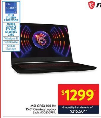 Walmart Msi gf63 144 hz 15.6 gaming laptop offer