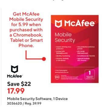 Staples Mcafee mobile security antivirus software for 1 device offer