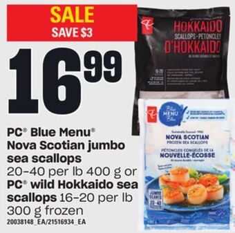 Independent Grocer Pc® blue menu® nova scotian jumbo sea scallops, 400 g or pc® wild hokkaido sea scallops, 300 g offer