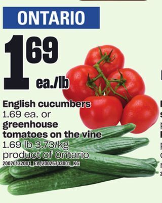 Independent Grocer English cucumbers or greenhouse tomatoes on the vine offer