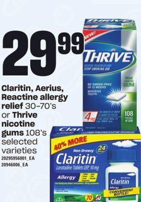 Loblaws Claritin, aerius, reactine allergy relief, 30-70's or thrive nicotine gums, 108's offer