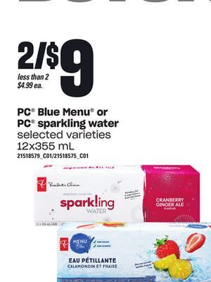 Loblaws Pc® blue menu® or pc® sparkling water, 12x355 ml offer