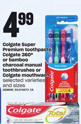 Loblaws Colgate super premium toothpaste, colgate 360º or bamboo charcoal manual toothbrushes or colgate mouthwash offer