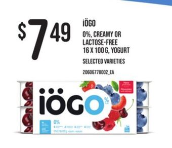 Loblaws Iögo 0%, creamy or lactose-free, 16 x 100 g, yogurt offer
