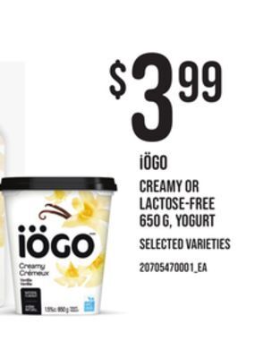 Loblaws Iögo creamy or lactose-free 650 g, yogurt offer