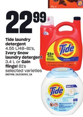 Loblaws Tide laundry detergent, 4.55 l/48-81's, ivory snow laundry detergent, 3.4 l or gain flings, 81's offer