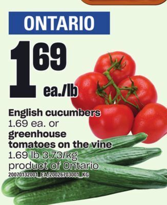 Loblaws English cucumbers or greenhouse tomatoes on the vine offer