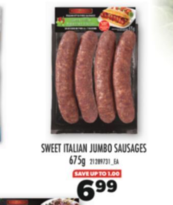 Real Canadian Superstore Sweet italian jumbo sausages, 675g offer