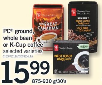 Fortinos Pc® ground, whole bean or k-cup coffee, 875-930 g/30's offer