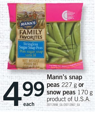 Fortinos Mann's snap peas 227 g or snow peas 170 g offer