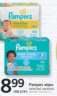 Fortinos Pampers wipes, 168-216's offer