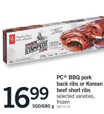 Fortinos Pc® bbq pork back ribs or korean beef short ribs, 500/680 g offer