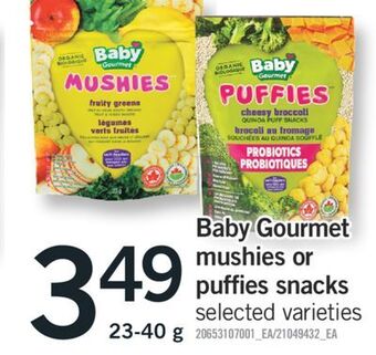 Fortinos Baby gourmet mushies or puffies snacks, 23-40 g offer