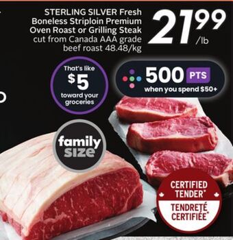 Sobeys Fresh boneless striploin premium oven roast or grilling steak offer