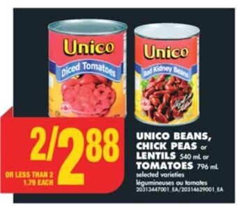 No Frills Unico beans, chick peas or lentils, 540 ml or tomatoes, 796 ml offer