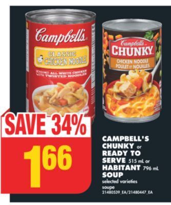 No Frills Campbell's chunky or ready to serve, 515 ml or habitant, 796 ml soup offer
