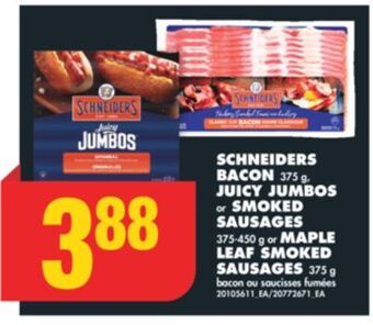 No Frills Schneiders bacon, 375 g, juicy jumbos or smoked sausages, 375-450 g or maple leaf smoked sausages, 375 g offer