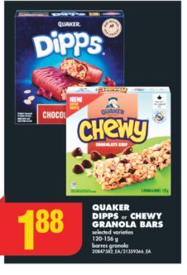 No Frills Quaker dipps or chewy granola bars, 120-156 g offer