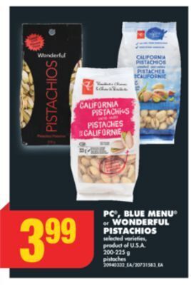 No Frills Pc®, blue menu® or wonderful pistachios, 200-225 g offer