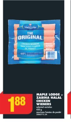 No Frills Maple lodge or zabiha halal chicken wieners, 450 g offer