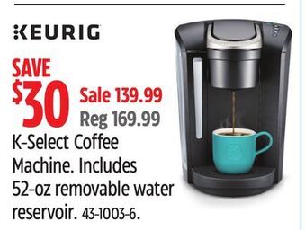 Canadian Tire Keurig k-select coffee machine includes 52-oz removable water reservoir offer