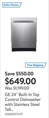 Walmart Ge 24 built-in top control dishwasher with stainless steel tall stainless steel - gbp534sspss offer