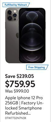 Walmart Apple iphone 12 pro 256gb | factory unlocked smartphone refurbished (grade a) offer