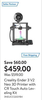 Walmart Creality ender 3 v2 neo 3d printer with cr touch auto leveling kit offer
