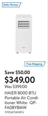 Walmart Haier 8000 btu portable air conditioner white- qpfa08ybmw offer