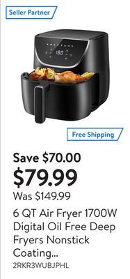 Walmart 6 qt air fryer 1700w digital oil free deep fryers nonstick coating airfryer with timer and 8 cooking presets offer