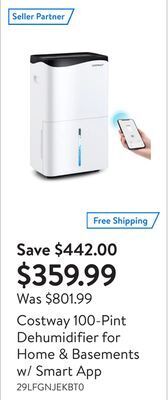 Walmart Costway 100-pint dehumidifier for home & basements w/ smart app offer