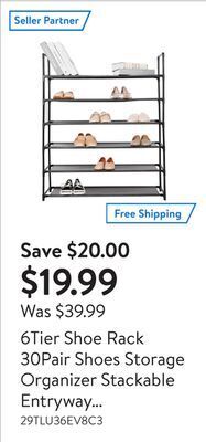 Walmart 6tier shoe rack 30pair shoes storage organizer stackable entryway shoes shelf black offer