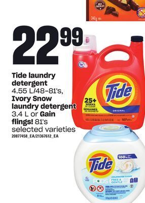 Zehrs Markets Tide laundry detergent, 4.55 l/48-81's, ivory snow laundry detergent, 3.4 l or gain flings!, 81's offer