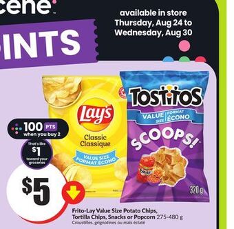 FreshCo Frito-lay value size potato chips, tortilla chips, snacks or popcorn 275-480 g offer