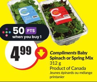 FreshCo Compliments baby spinach or spring mix 312 g product of canada offer