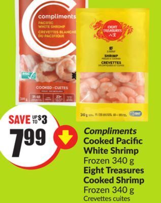 FreshCo Compliments cooked pacific white shrimp frozen 340 g eight treasures cooked shrimp frozen 340 g offer