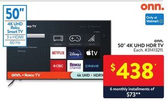 Walmart Onn. 50 4k uhd hdr tv offer