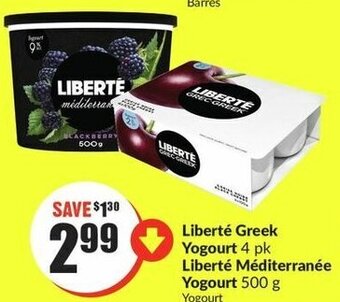 FreshCo Liberté Greek Yogourt 4 pk Liberté Méditerranée Yogourt 500 g offer