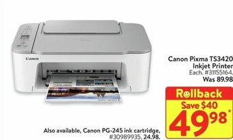 Walmart Canon Pixma TS3420 Inkjet Printer offer