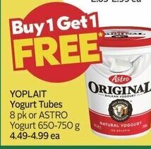 Sobeys YOPLAIT Yogurt Tubes 8 pk or ASTRO Yogurt 650-750 g offer