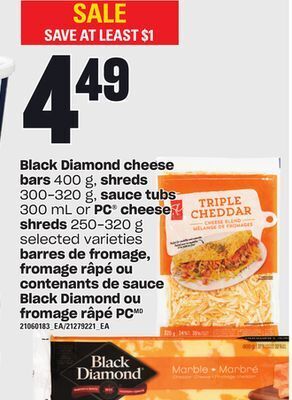 Independent City Market Barres de fromage, 400 g fromage râpé ou contenants de sauce black diamond ou fromage râpé pc, 250-320 g offer