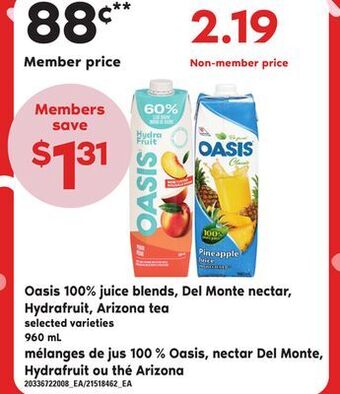 Independent City Market Mélanges de jus 100 % oasis, nectar del monte, hydrafruit ou thé arizona, 960 ml offer