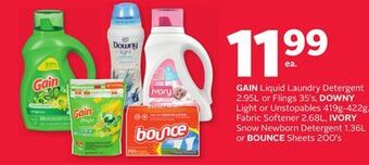 Rexall Gain liquid laundry detergent 2.95l or flings 35's, downy light or unstopables 419g-422 g, fabric softener 2.68l, ivory snow offer