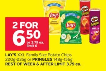 Rexall Lay's xxl family size potato chips 220g-235g or pringles 148g-156g offer